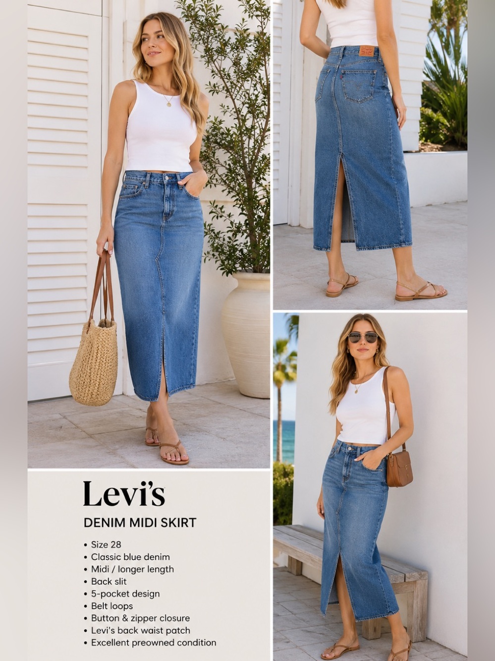 Levi’s Denim Midi Skirt Size 28 Blue Back Slit 90s Style - worn once